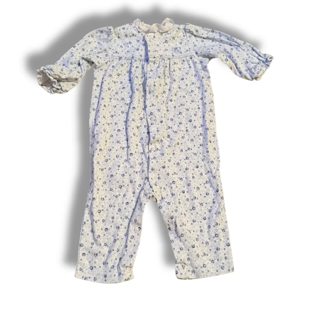 Ralph Lauren Floral Ruffle Romper Baby Girls 9 Months‎ White Blue 3/4 Sleeve
